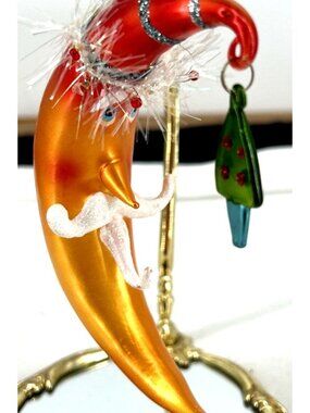 Glass Santa Crescent Moon Christmas Ornament Hand Blown Vintage 4.5"